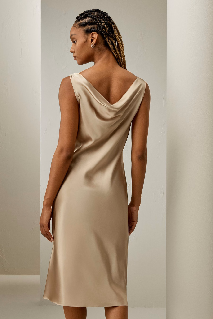 Cowl-Neck Watershine Silk Midi Dress