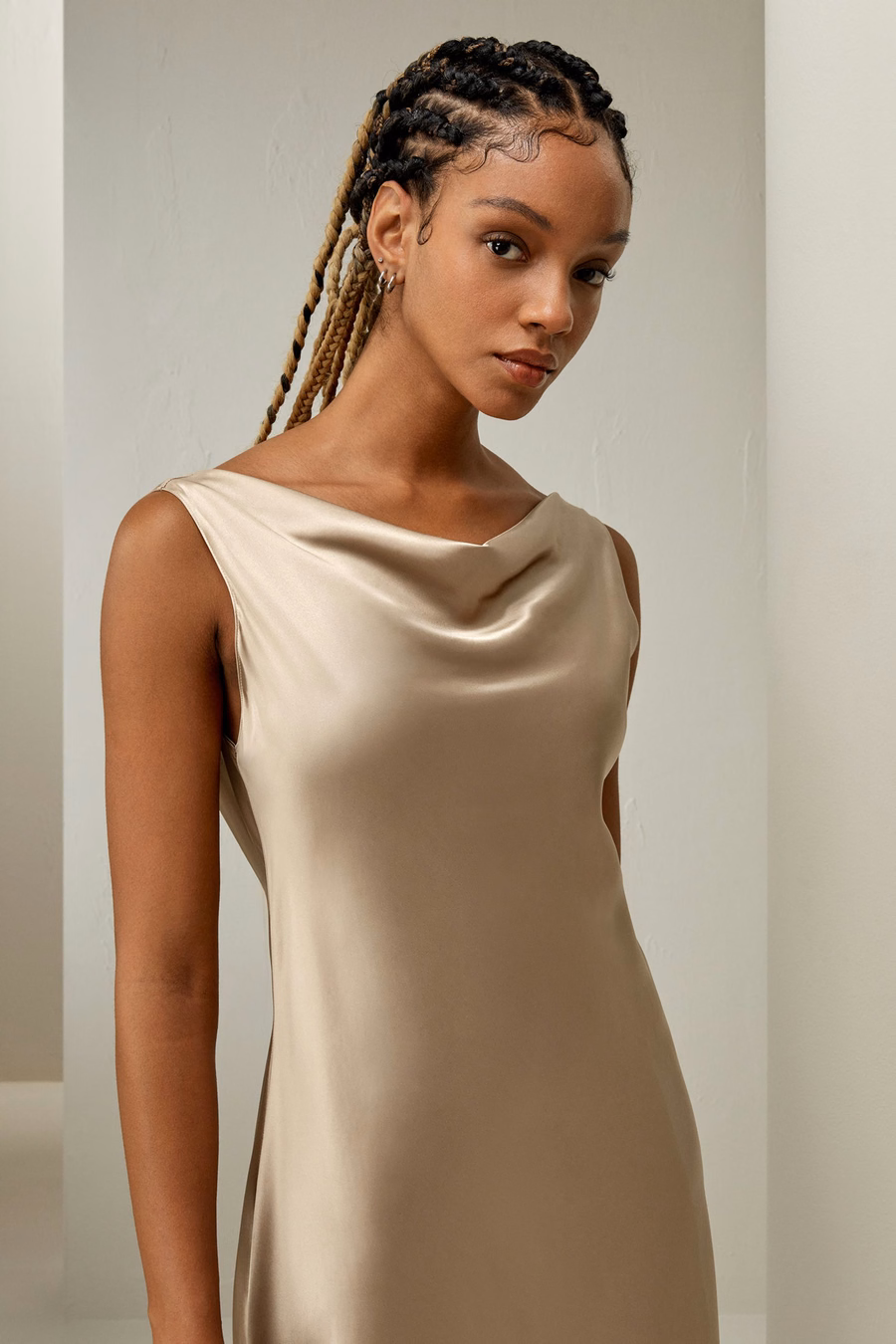 Cowl-Neck Watershine Silk Midi Dress