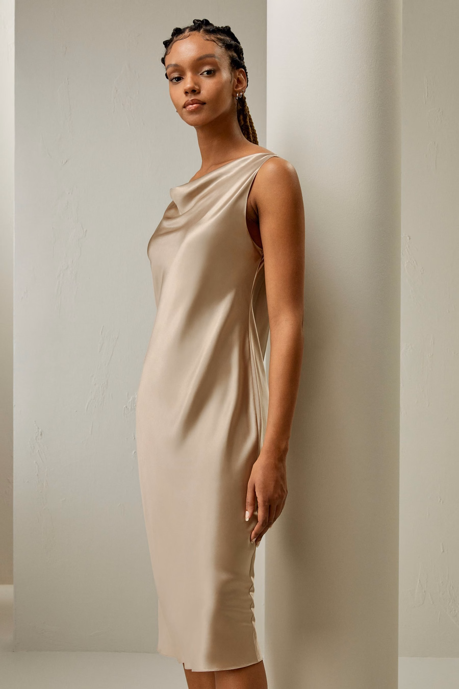 Cowl-Neck Watershine Silk Midi Dress