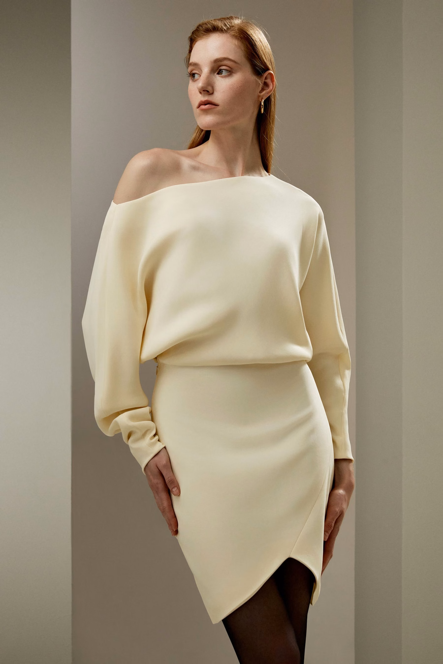 Long Sleeve Gathered Silk Mini Dress