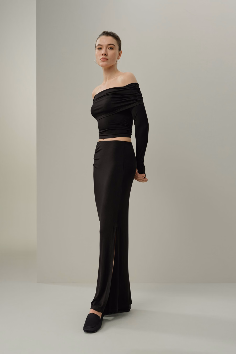 Silk Breeze Jersey Off-Shoulder Long Sleeve Top