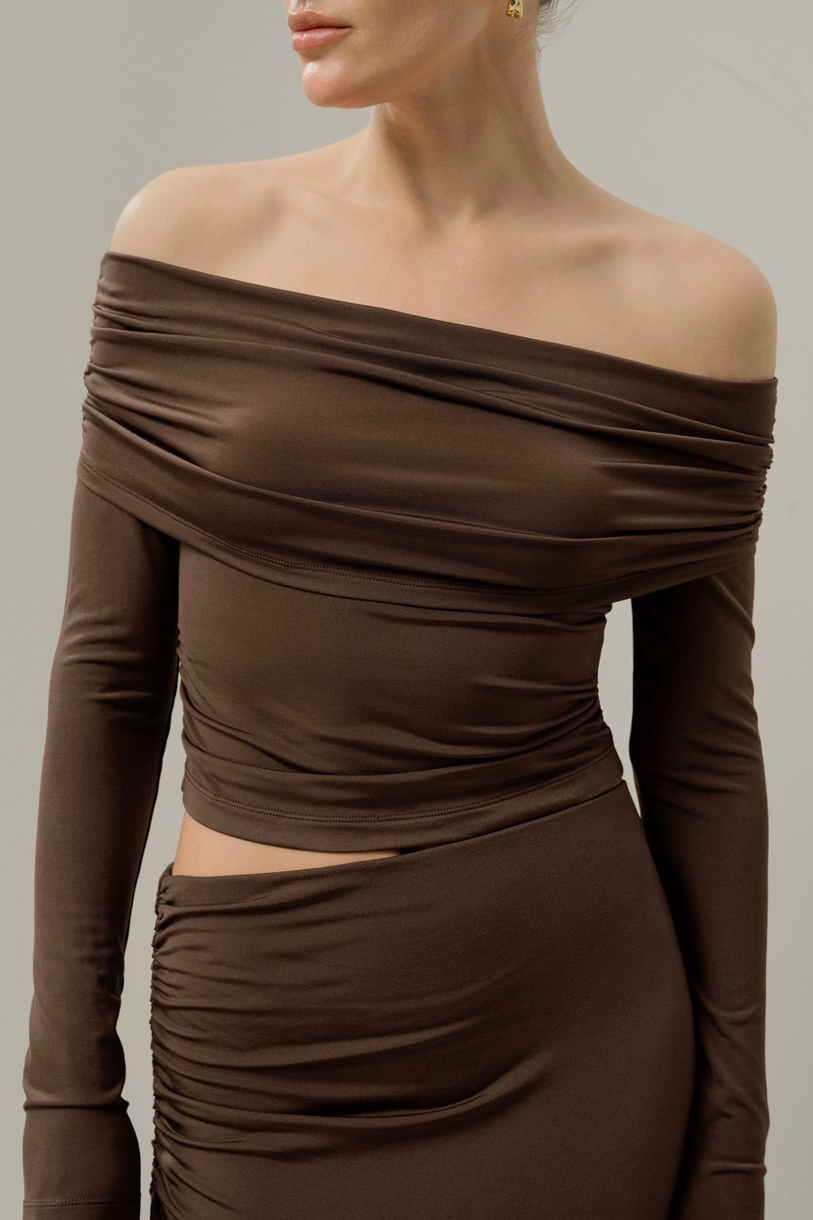 Silk Breeze Jersey Off-Shoulder Long Sleeve Top