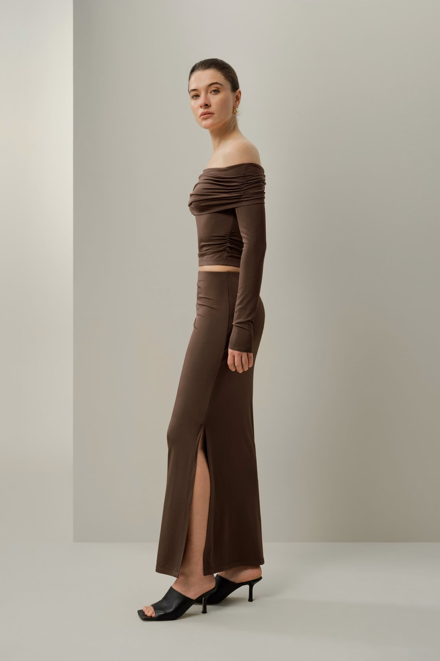 Silk Breeze Jersey Off-Shoulder Long Sleeve Top