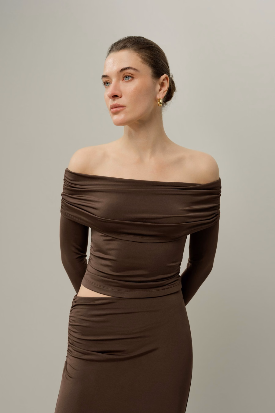 Silk Breeze Jersey Off-Shoulder Long Sleeve Top