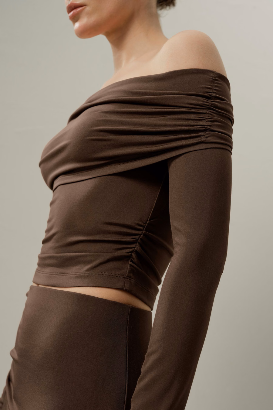 Silk Breeze Jersey Off-Shoulder Long Sleeve Top
