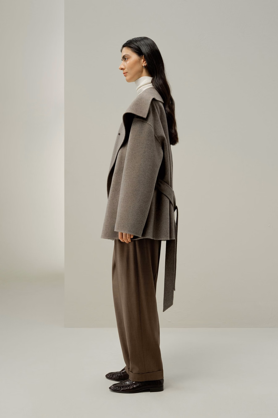 Convertible Collar Silk-Wool Blend Coat