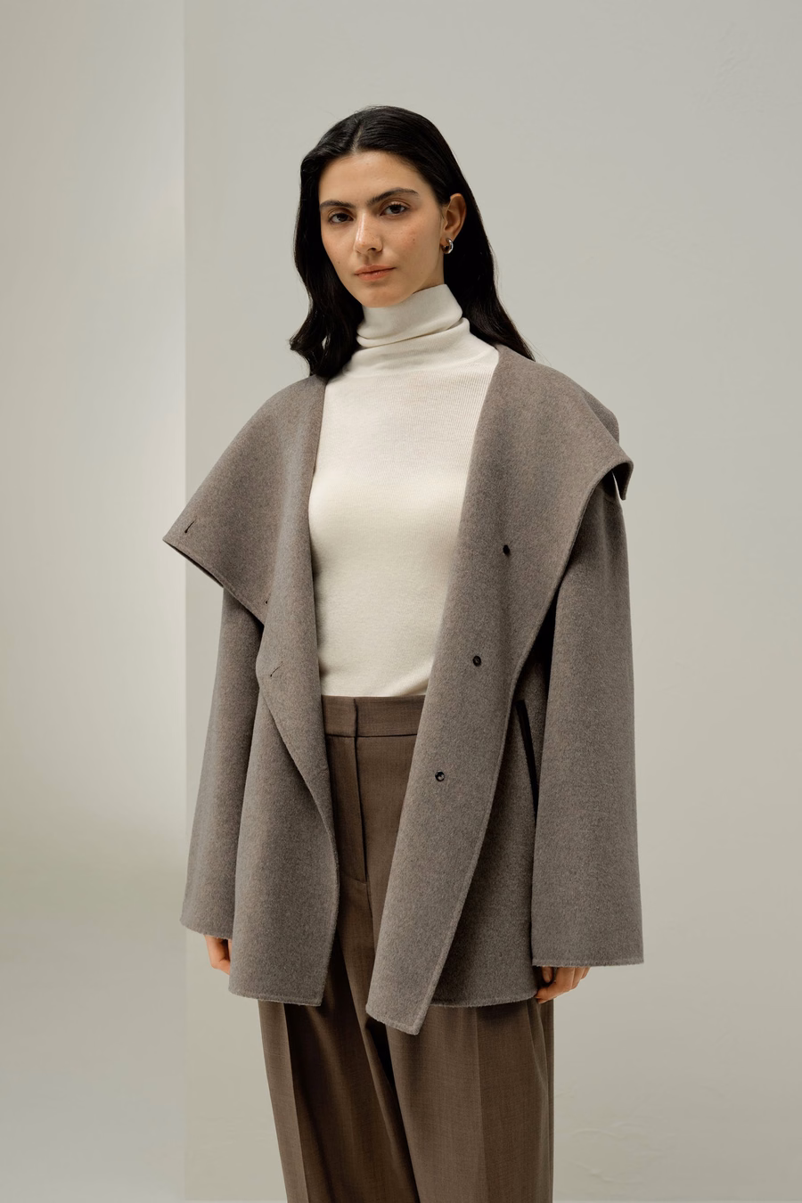 Convertible Collar Silk-Wool Blend Coat