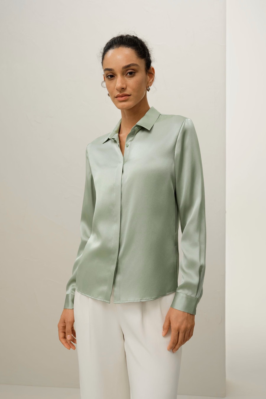 Basic Concealed Placket Silk Shirt