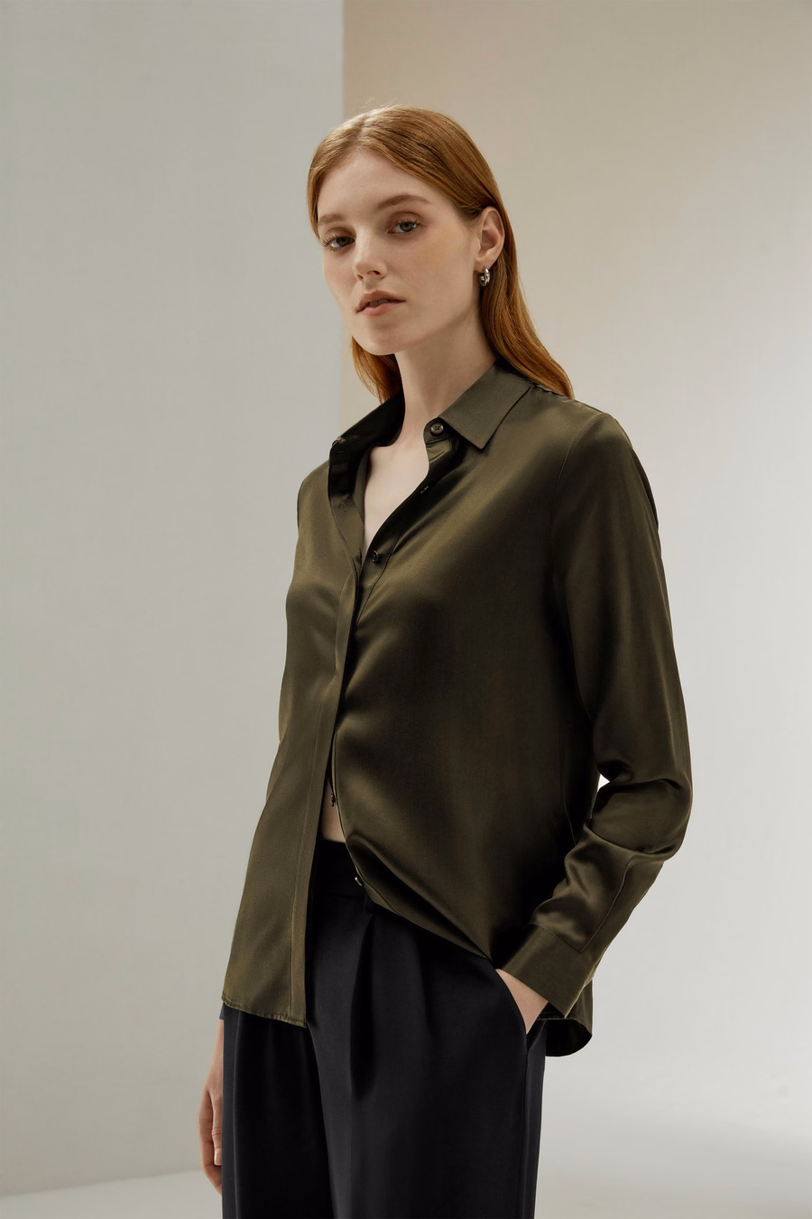 Basic Concealed Placket Silk Shirt
