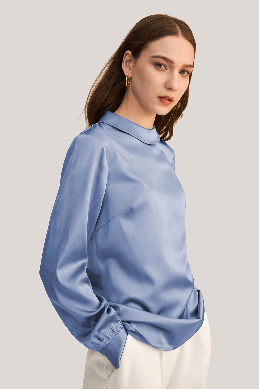 Stand Collar Long Sleeves Silk Blouse