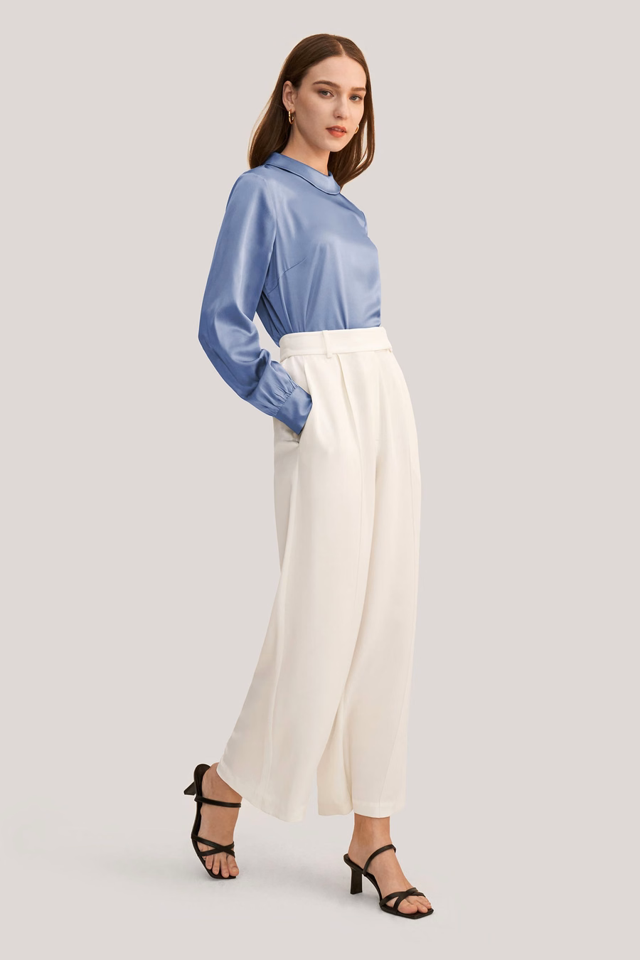 Stand Collar Long Sleeves Silk Blouse