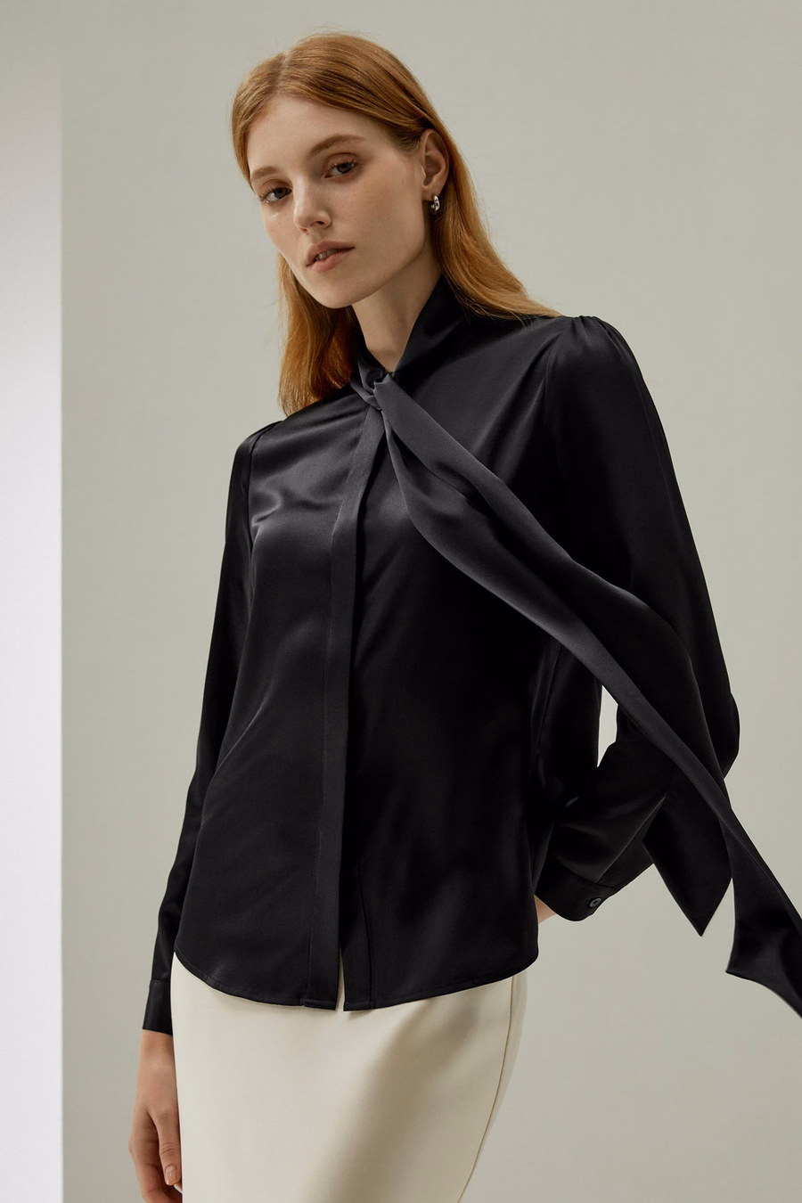 Women Bow-tie Neck Silk Blouse