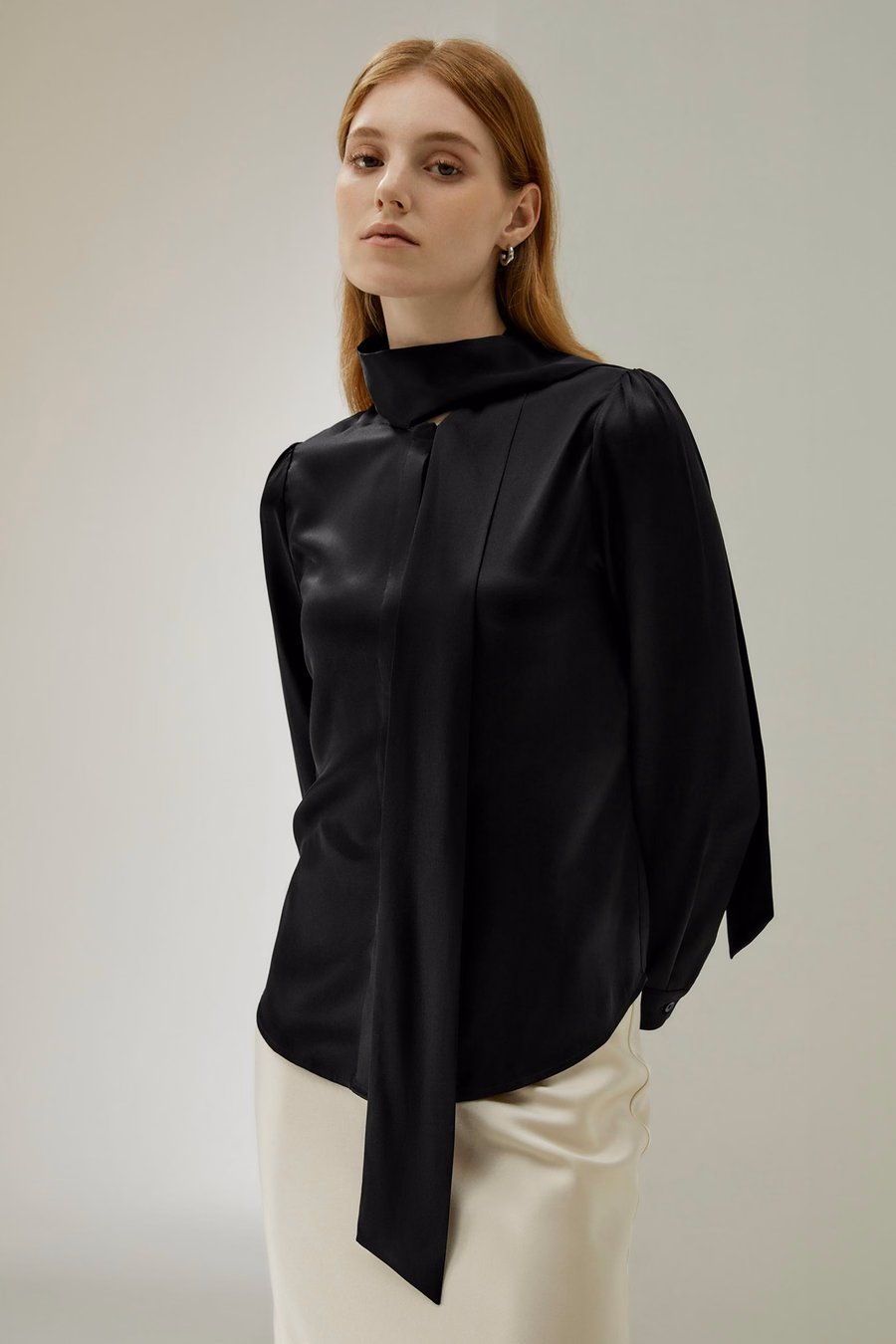 Women Bow-tie Neck Silk Blouse
