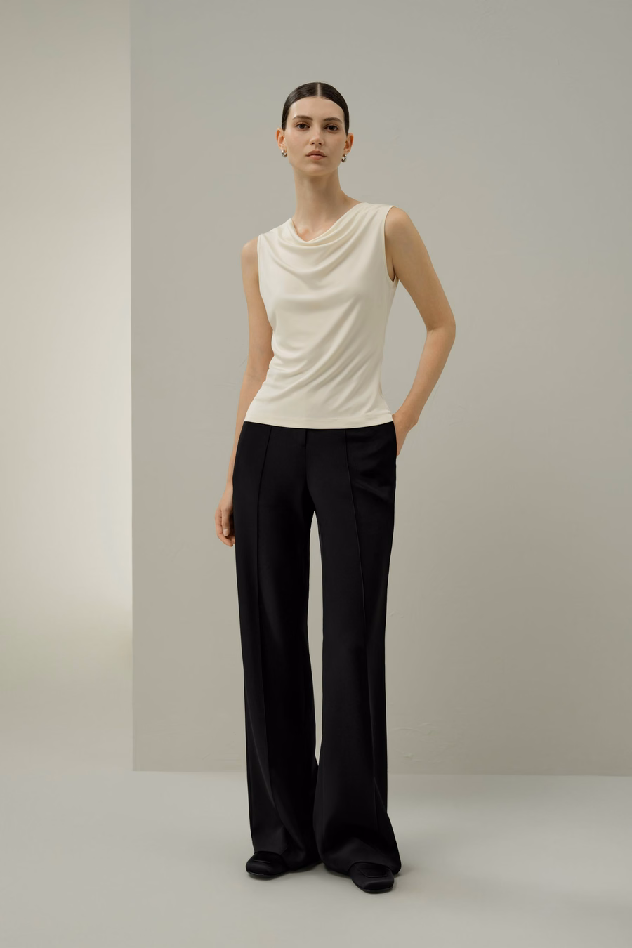 Silk Jersey Cowl-neck Sleeveless Top