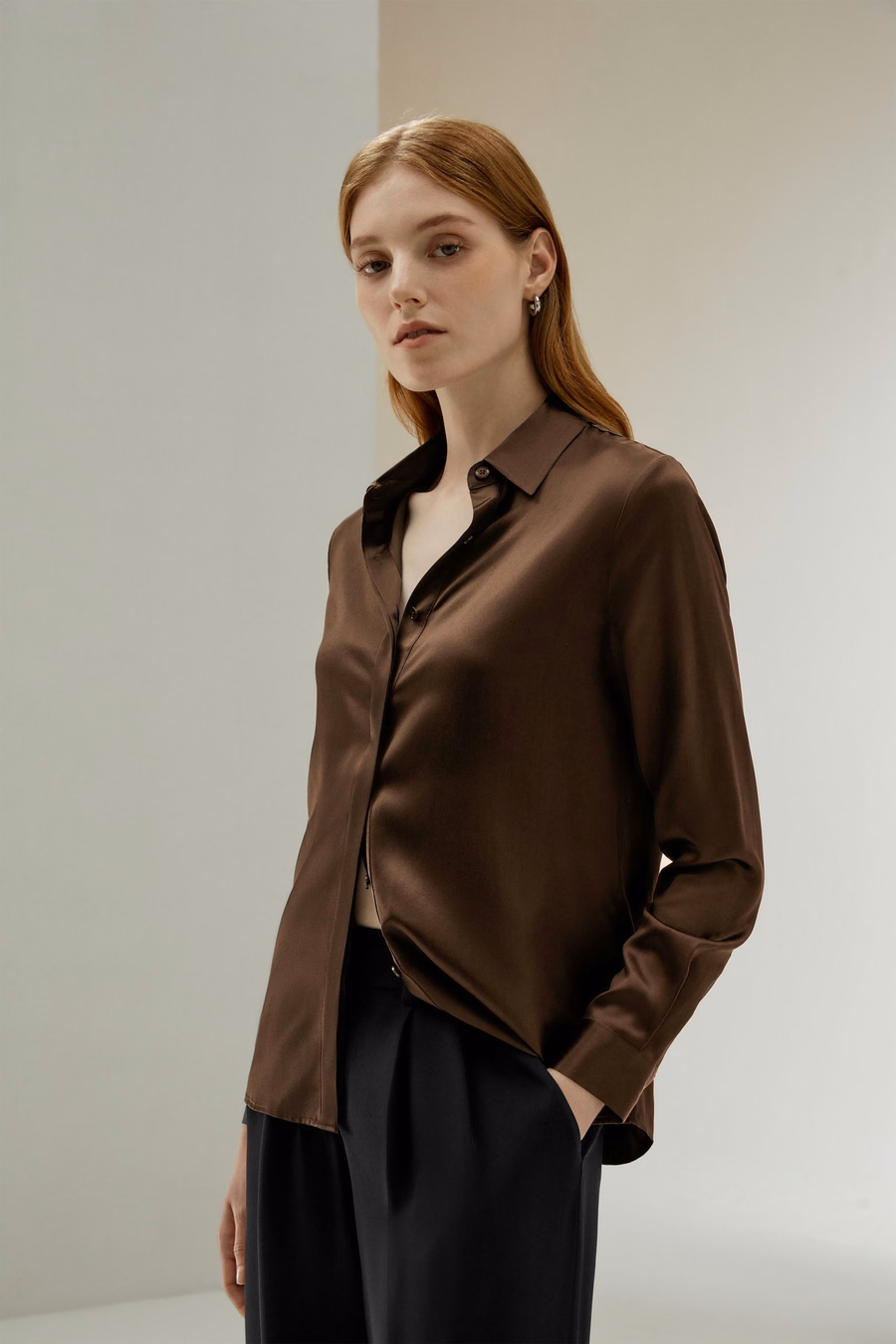 Basic Concealed Placket Silk Shirt