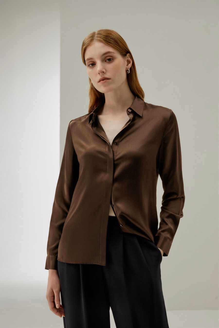 Basic Concealed Placket Silk Shirt