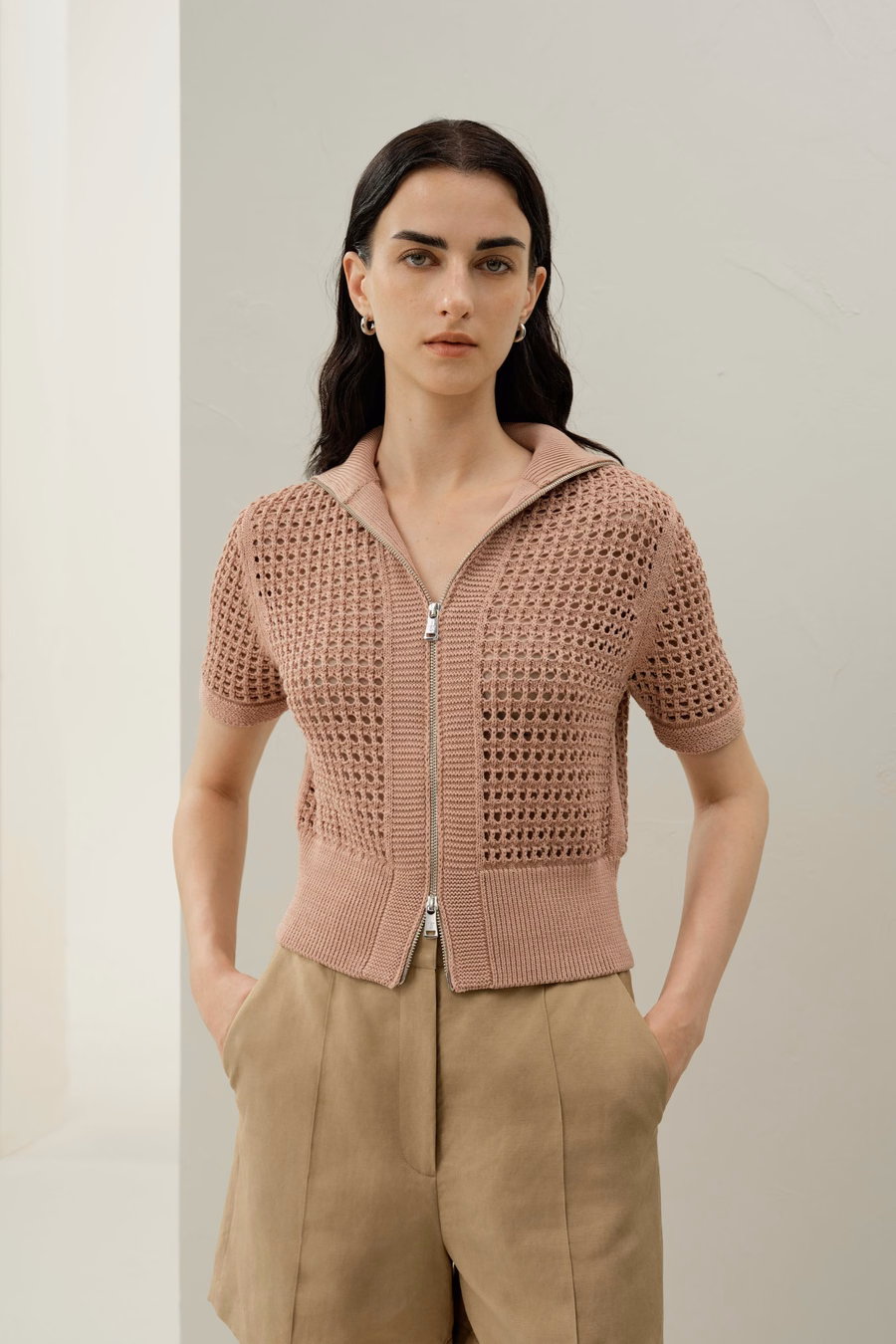 Toscana Pointelle Knit Double-Zip Cardigan