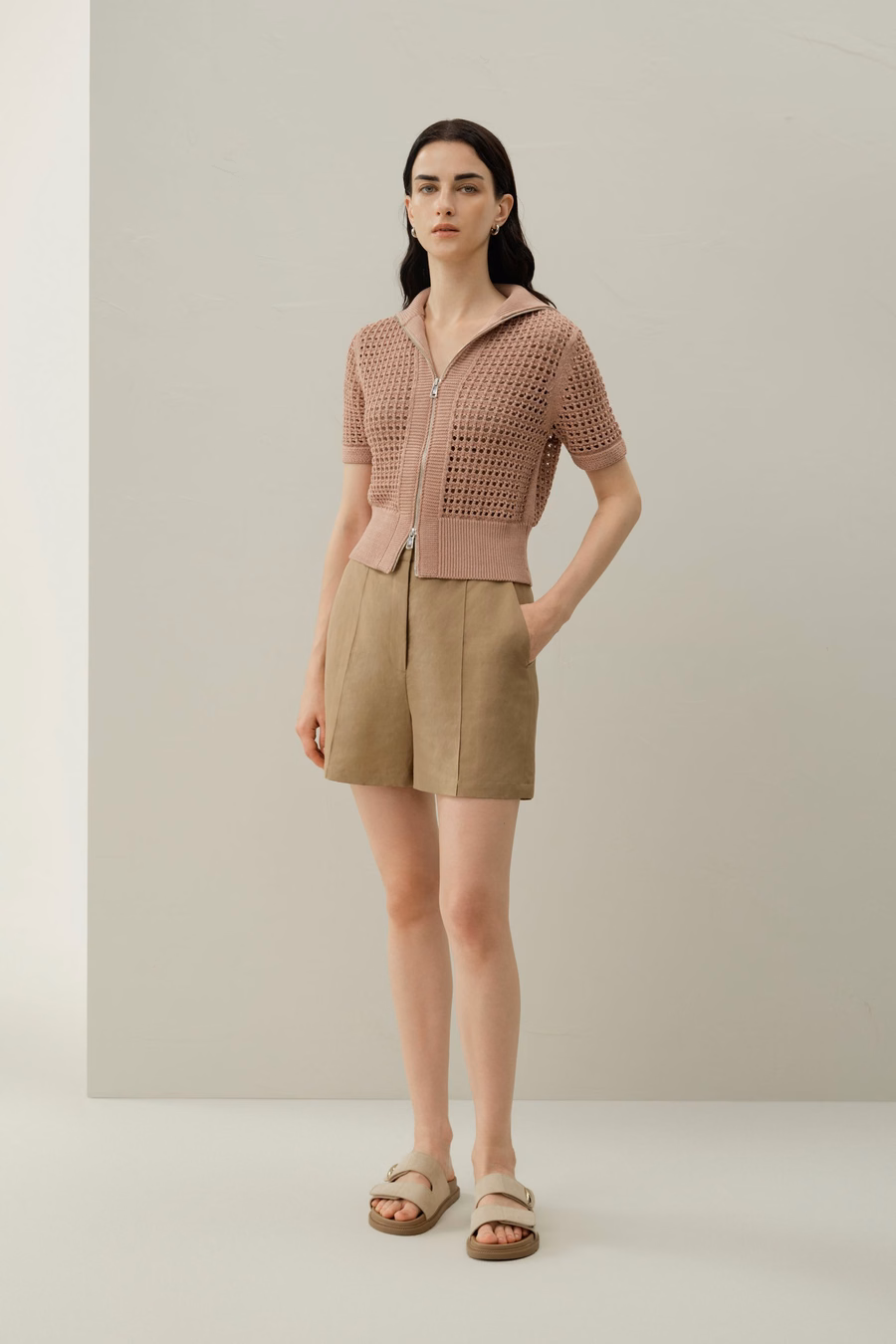 Toscana Pointelle Knit Double-Zip Cardigan