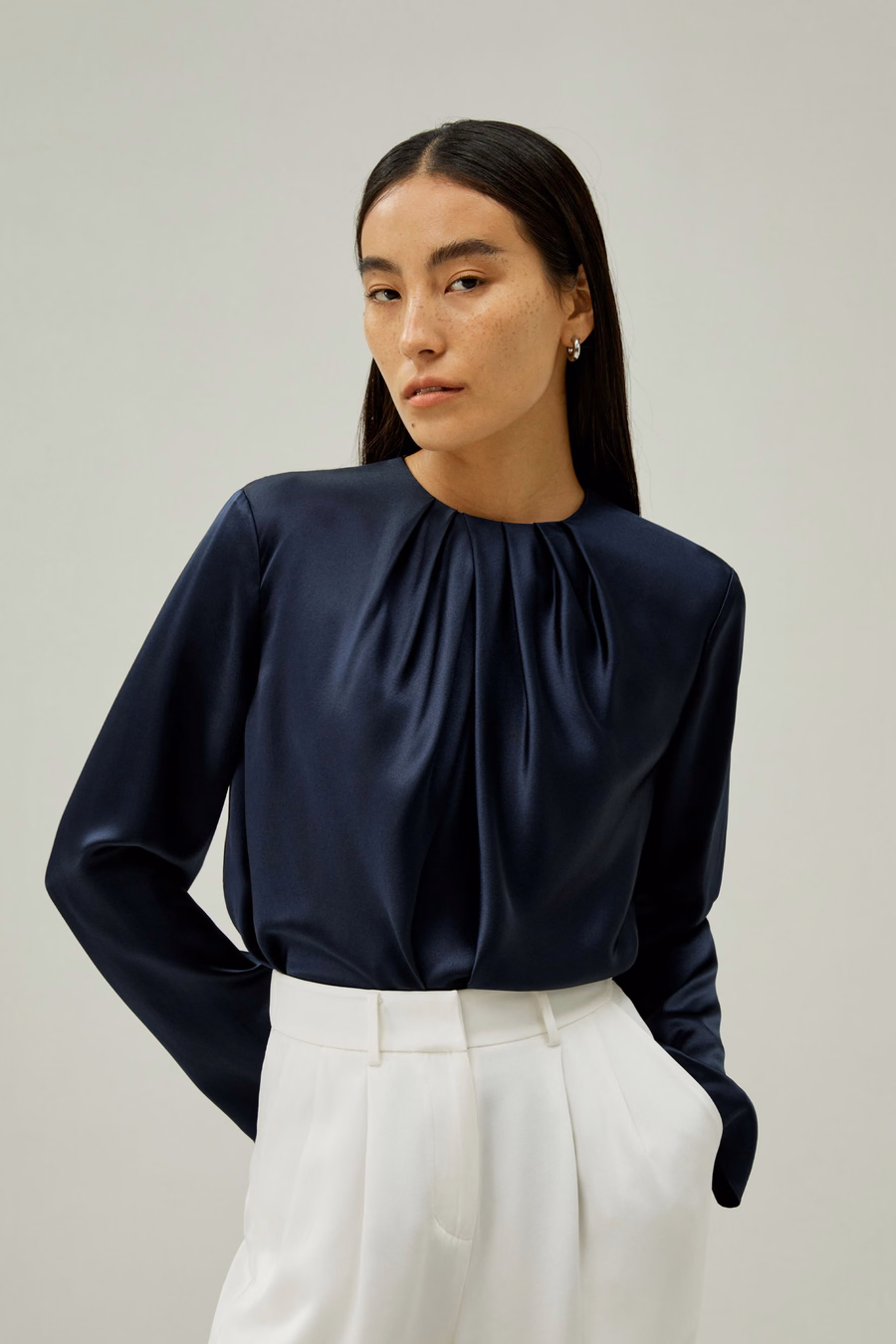 Silk Ruched-Neck Top