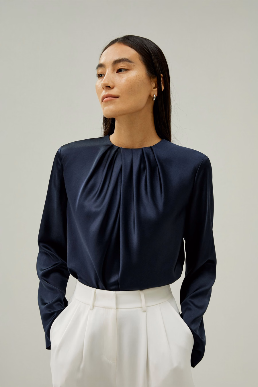 Silk Ruched-Neck Top