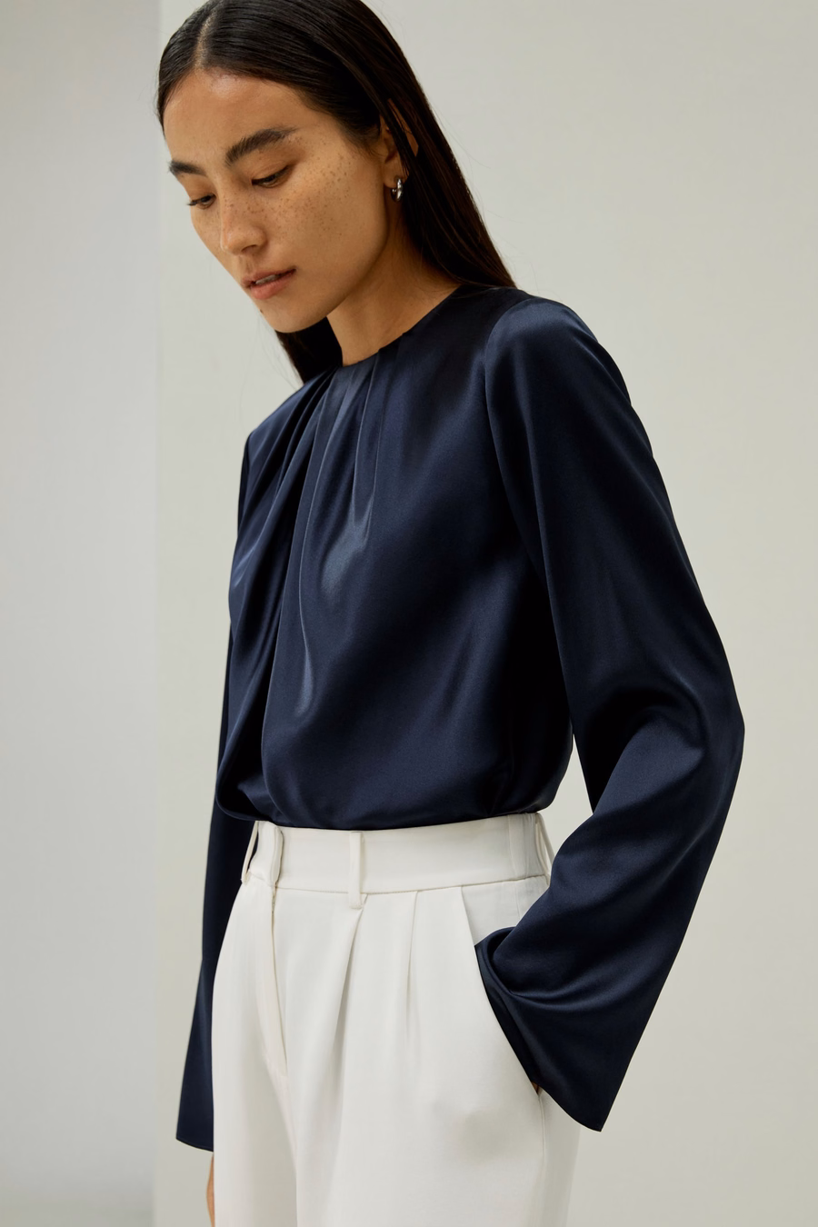 Silk Ruched-Neck Top