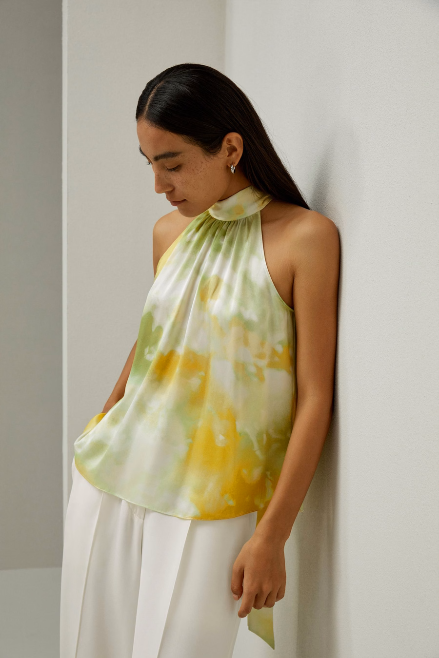 Print Silk Halter Neck Top