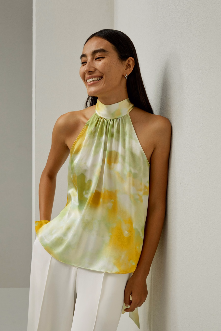 Print Silk Halter Neck Top