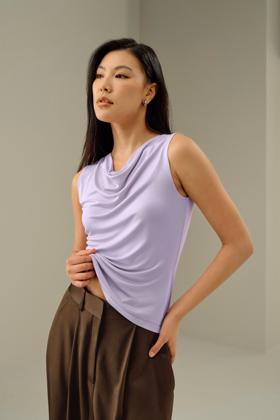 Silk Jersey Cowl-neck Sleeveless Top