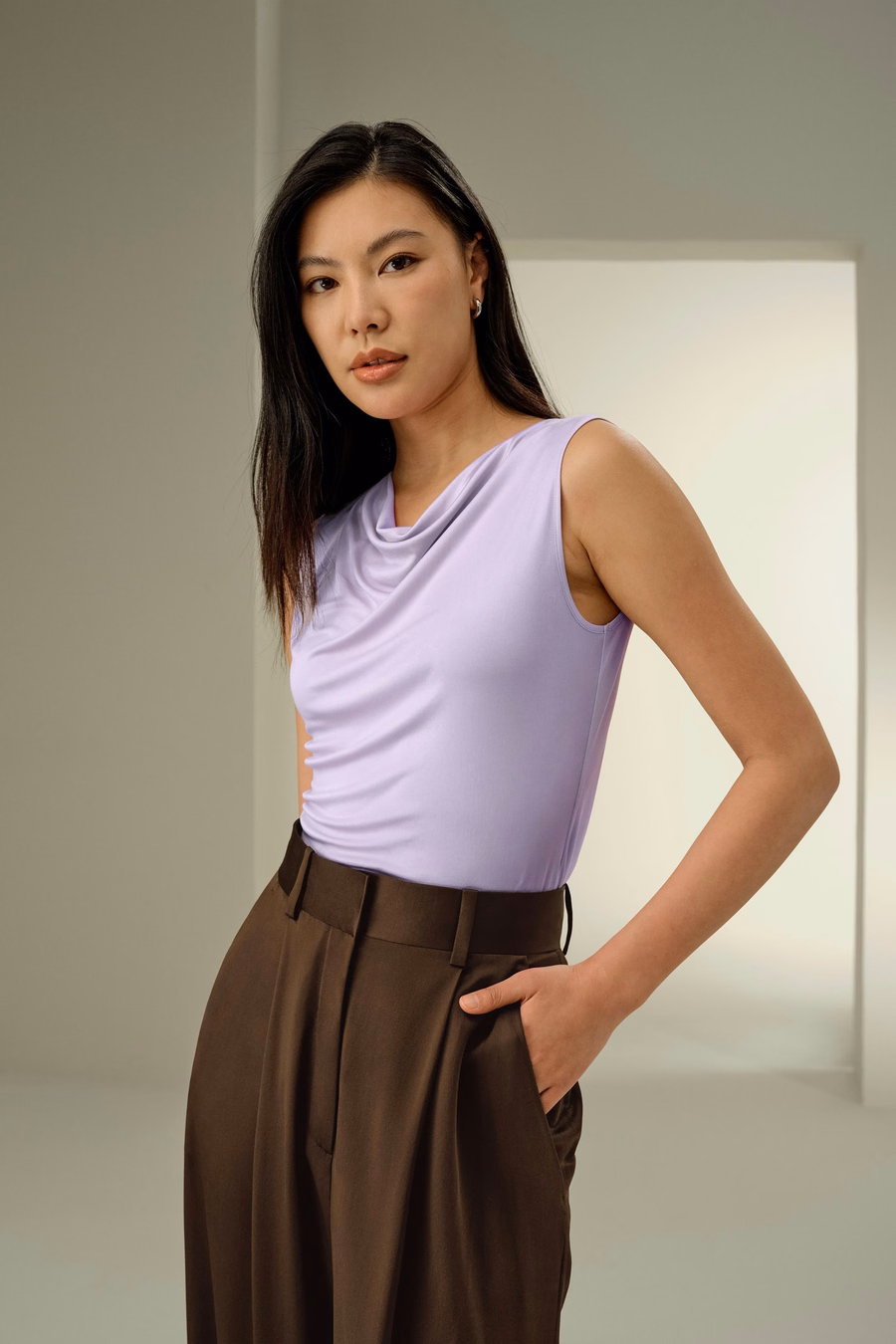 Silk Jersey Cowl-neck Sleeveless Top