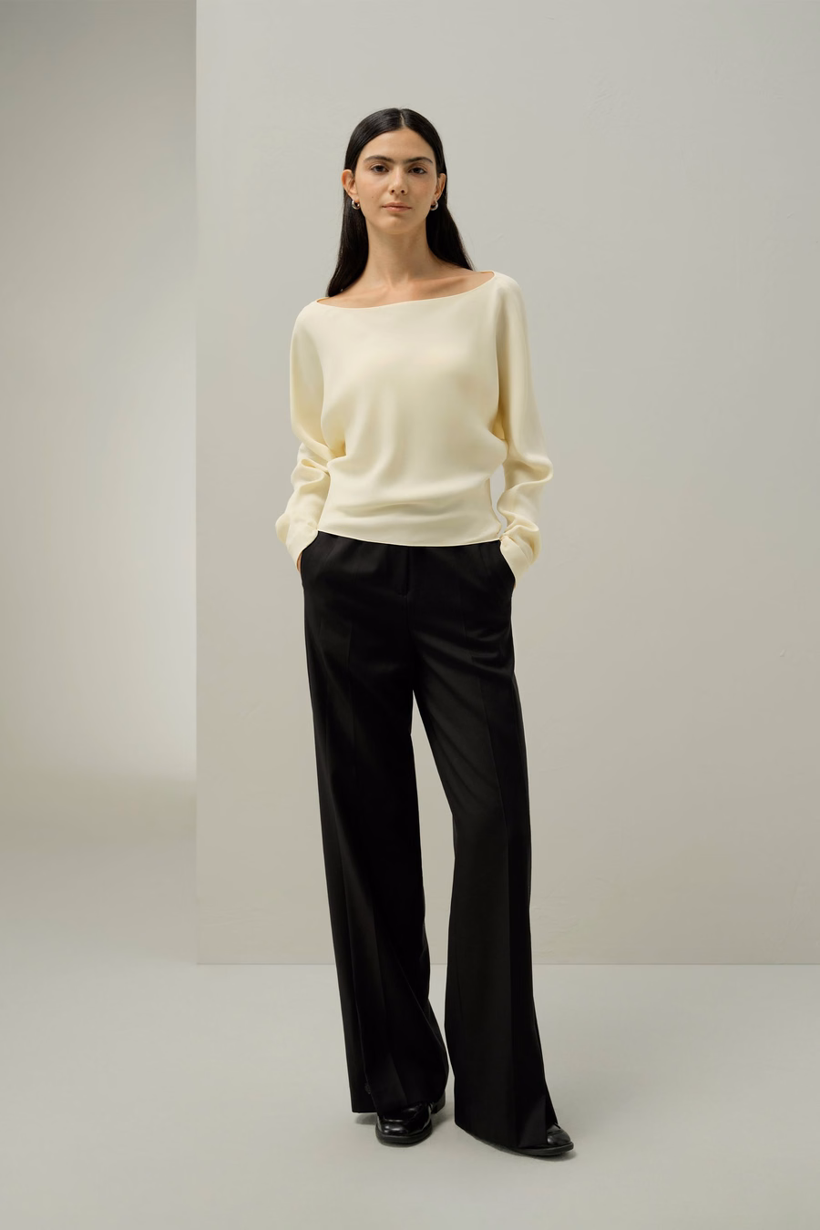 Long Sleeve Gathered Silk Top