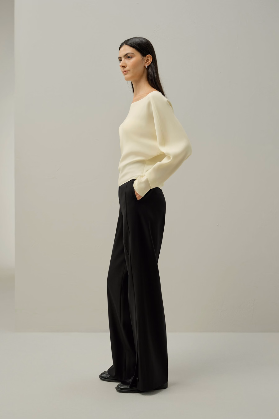 Long Sleeve Gathered Silk Top