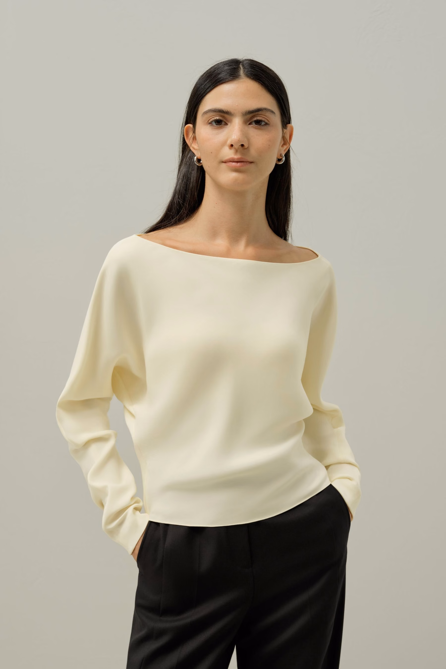 Long Sleeve Gathered Silk Top