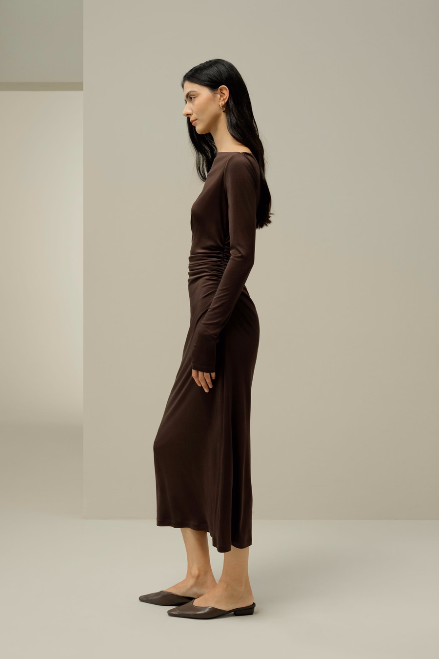 Elegant Silk Jersey Rouched Midi Dress