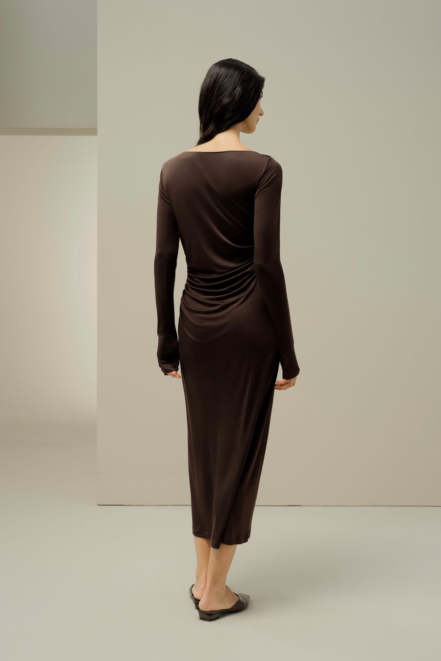 Elegant Silk Jersey Rouched Midi Dress