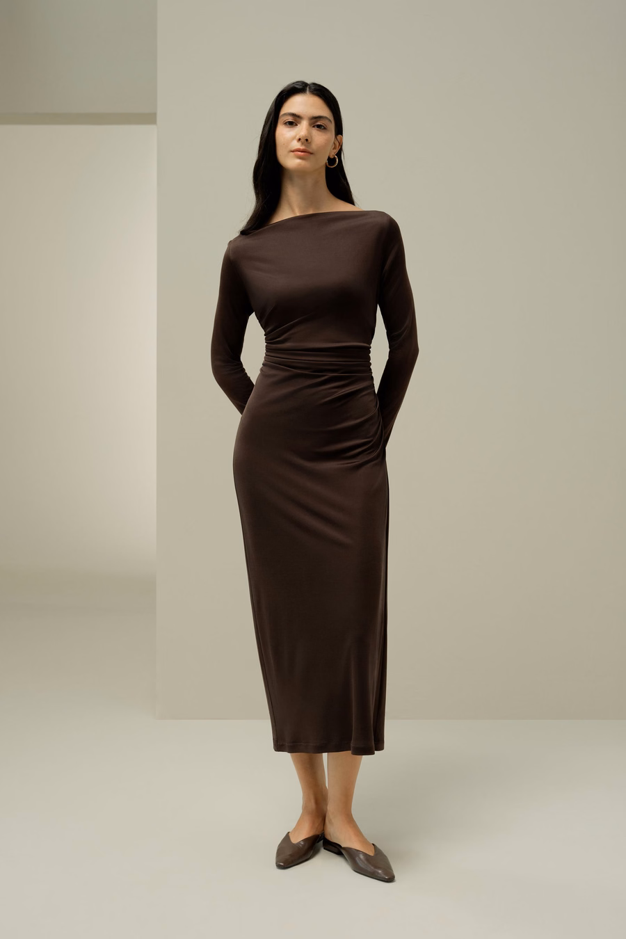 Elegant Silk Jersey Rouched Midi Dress