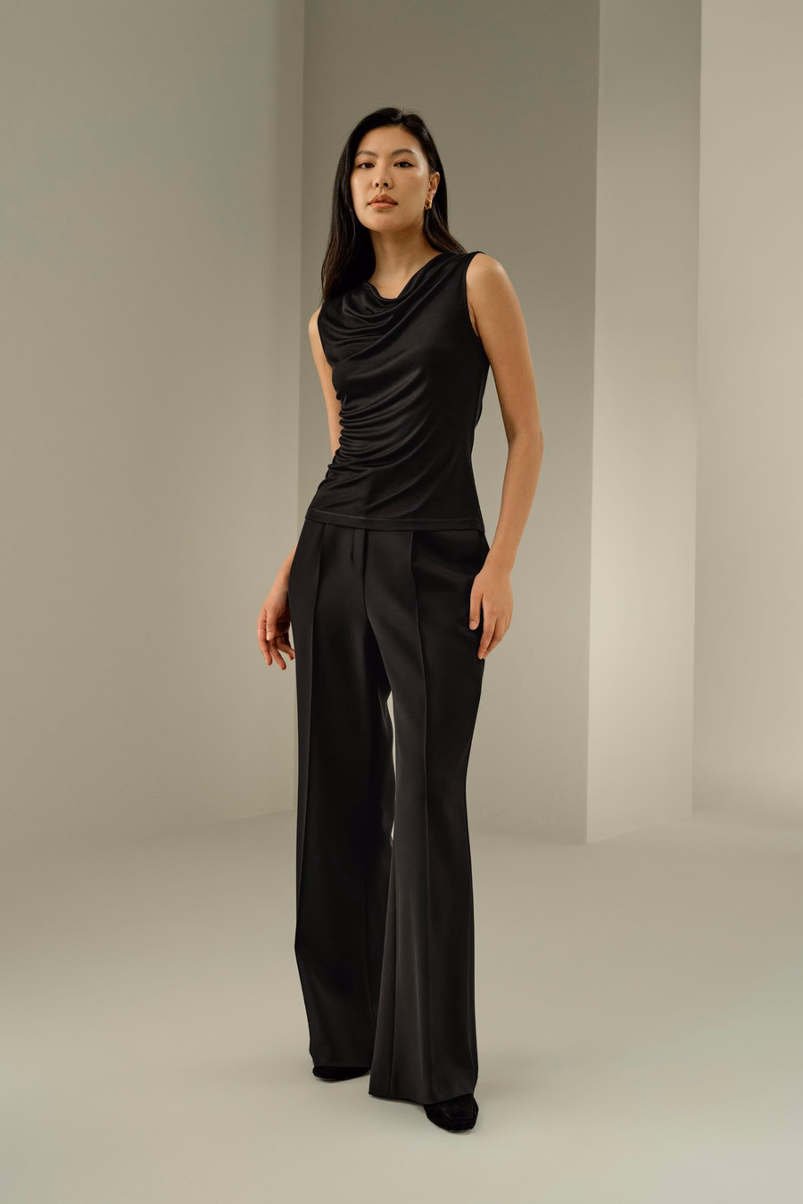 Silk Jersey Cowl-neck Sleeveless Top