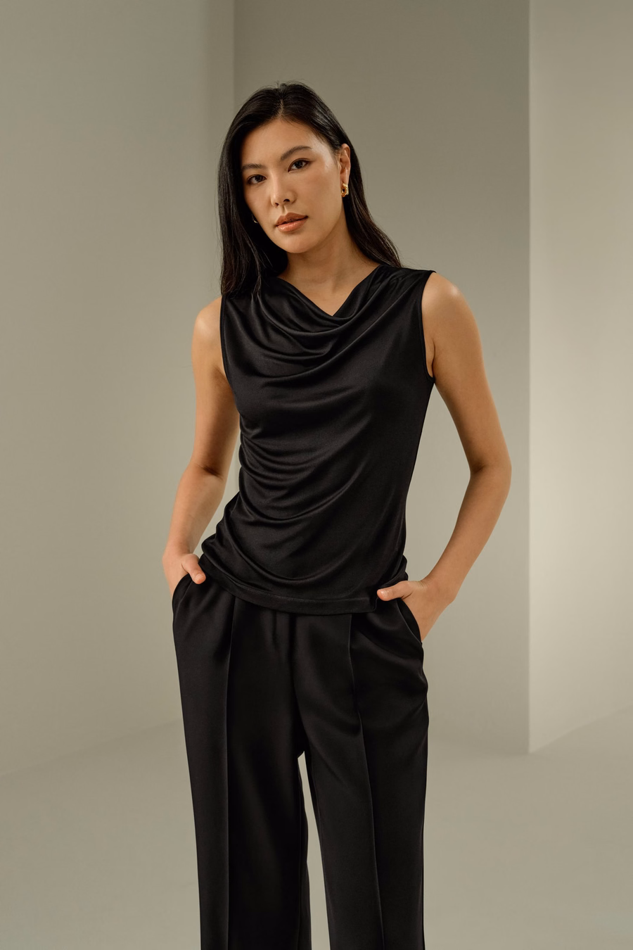 Silk Jersey Cowl-neck Sleeveless Top