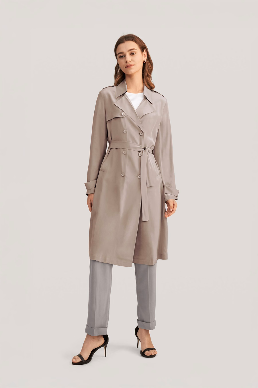 Classic Double-Breasted Silk Trench Coat