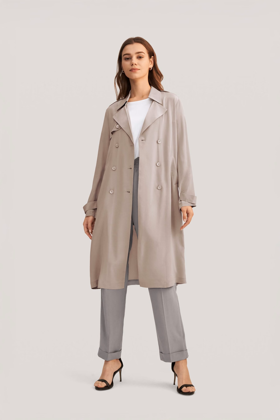 Classic Double-Breasted Silk Trench Coat