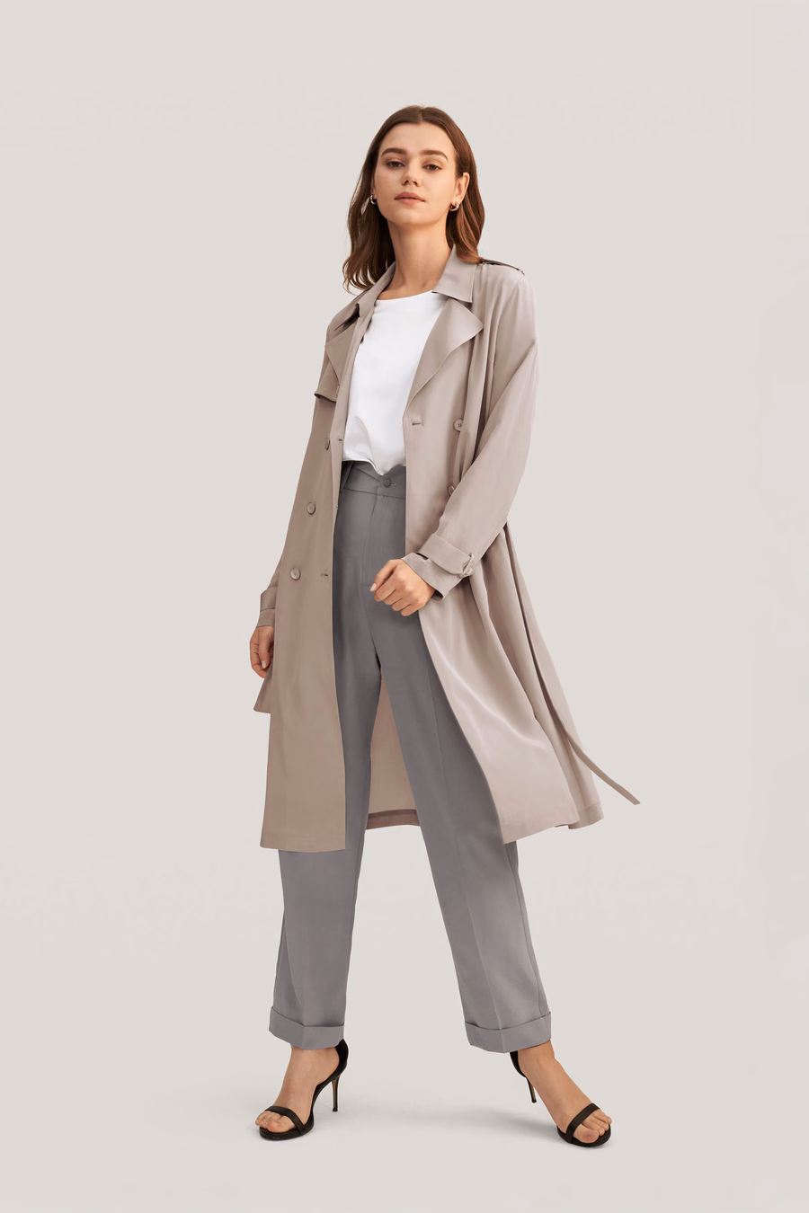 Classic Double-Breasted Silk Trench Coat