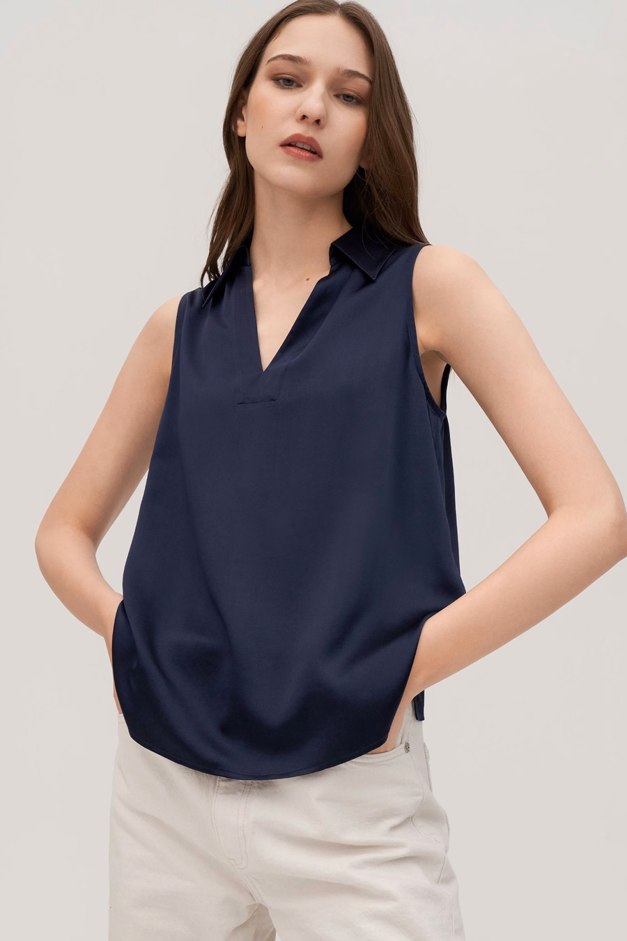 V-Neck Sleeveless Silk Violet Shirt For Women