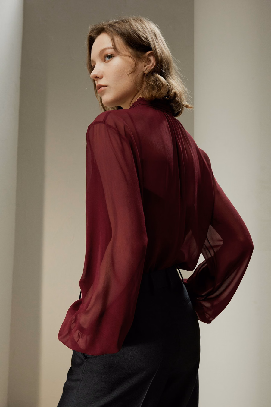 Tie Front Drawstring Georgette Blouse