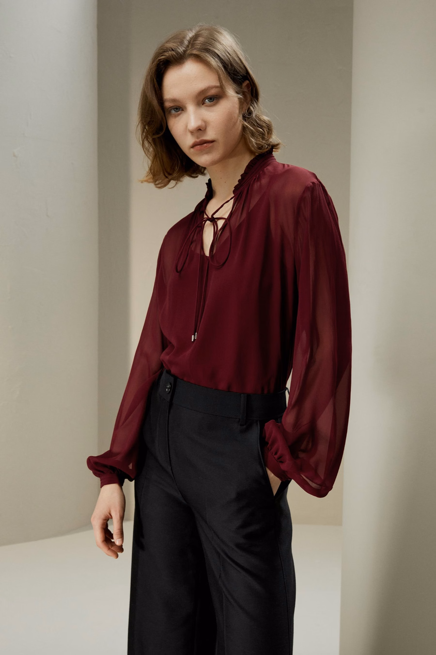 Tie Front Drawstring Georgette Blouse