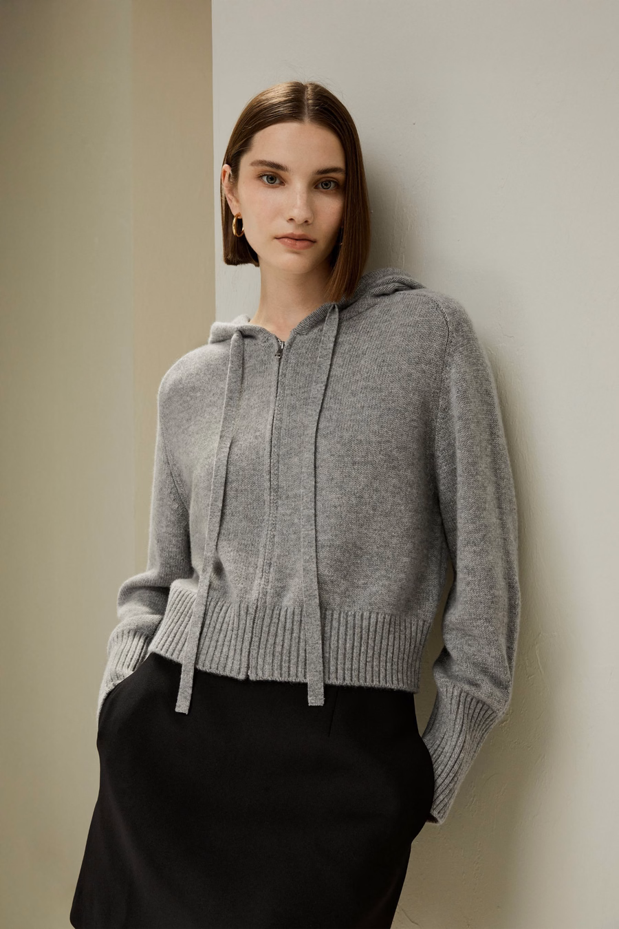 Short Zip-Up Wool Cashmere Hoodie