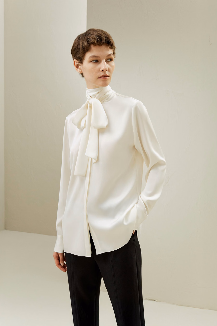 Silk Turtleneck Ribbon Blouse
