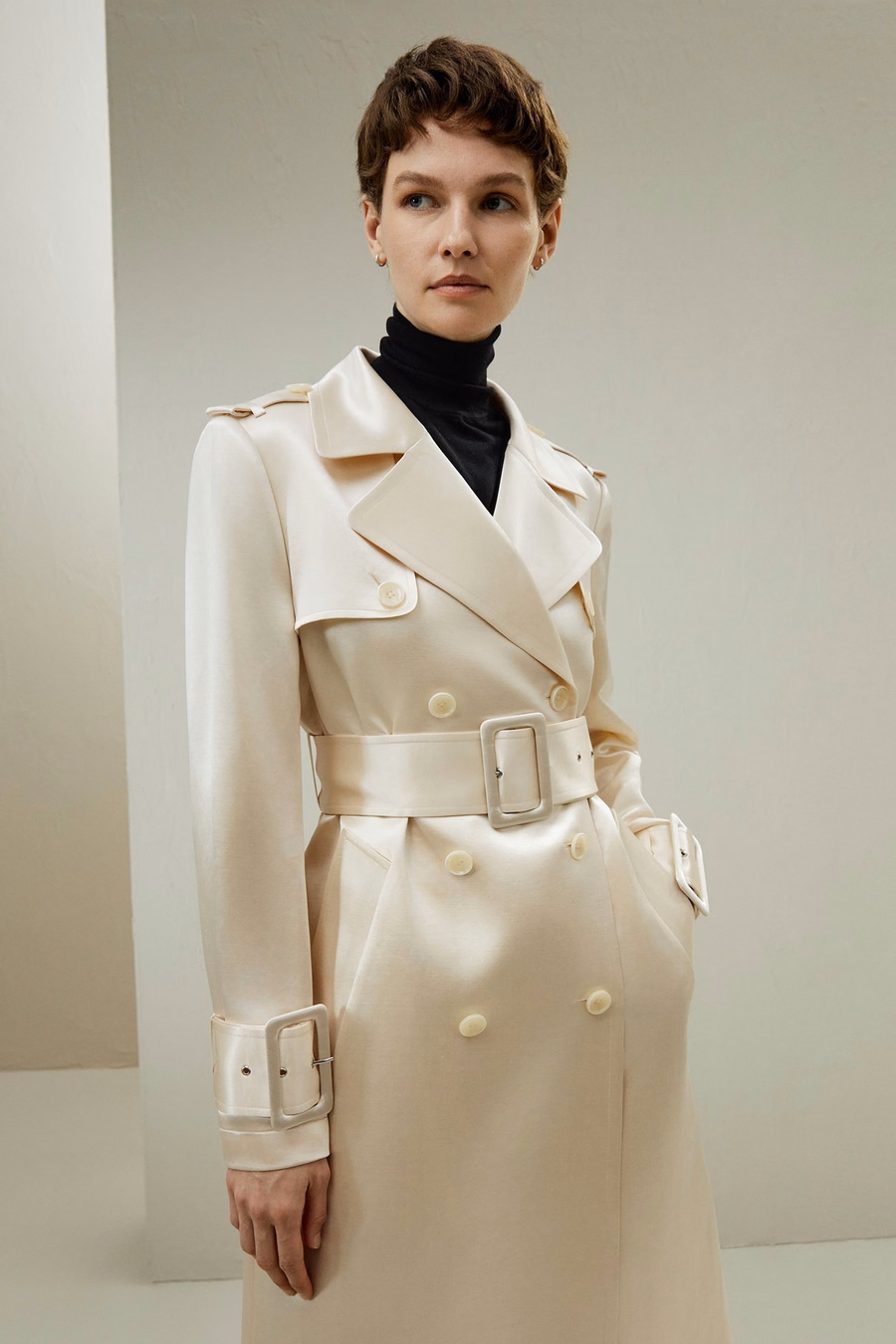 Double Breasted Silk-Blend Belted Coat