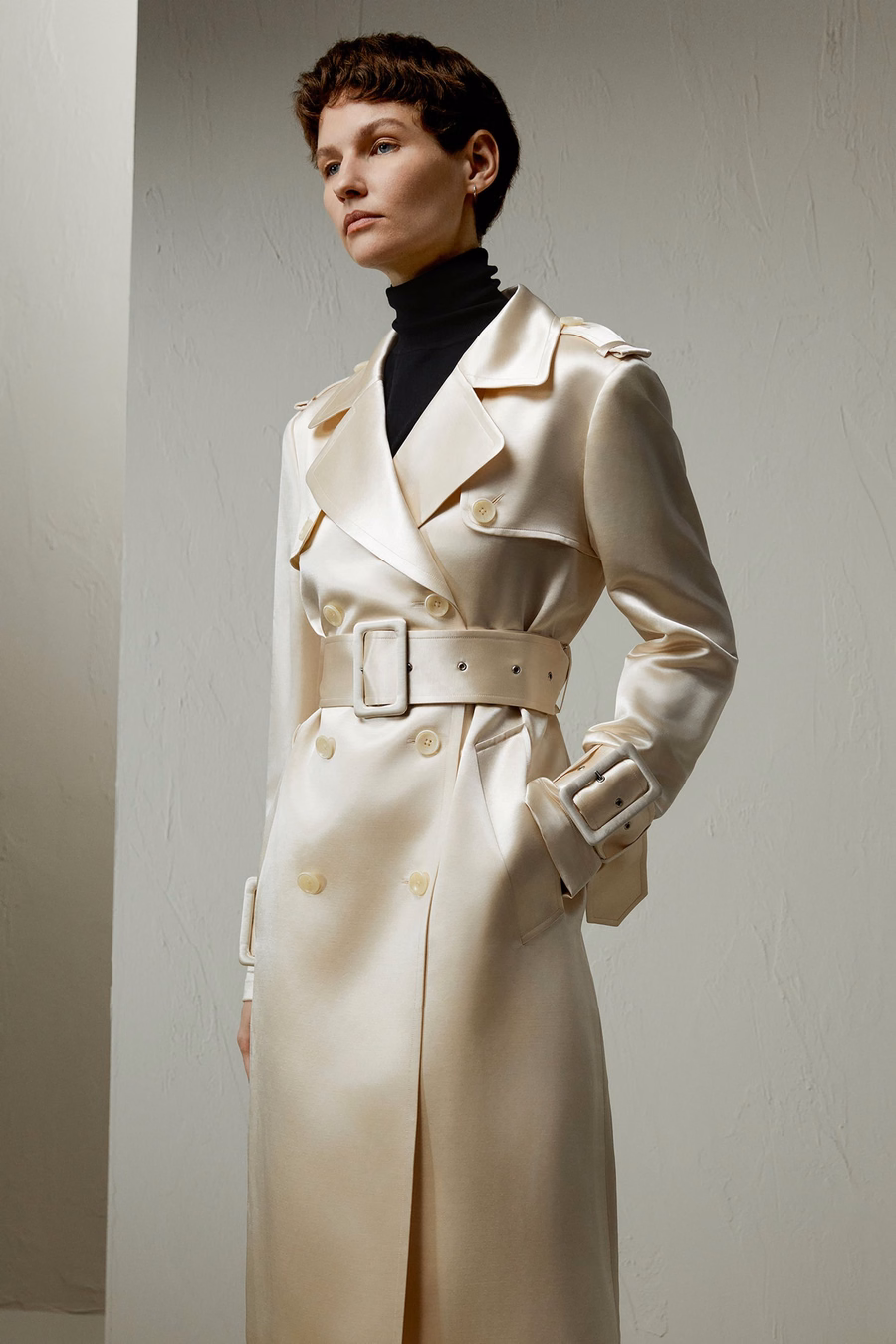 Double Breasted Silk-Blend Belted Coat