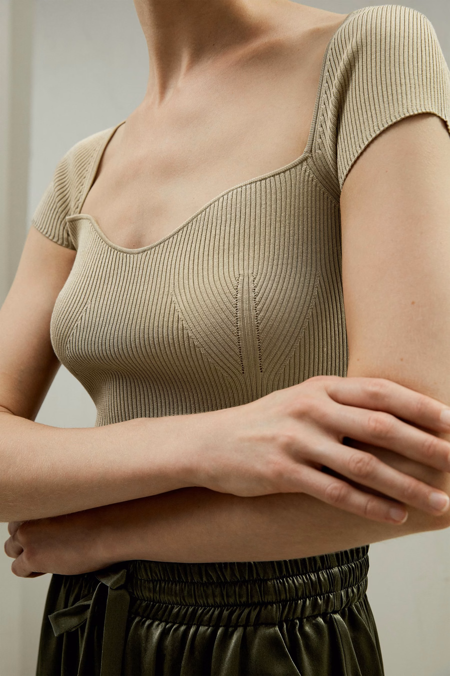 Sweetheart Neck Ribbed Silk Knit Top