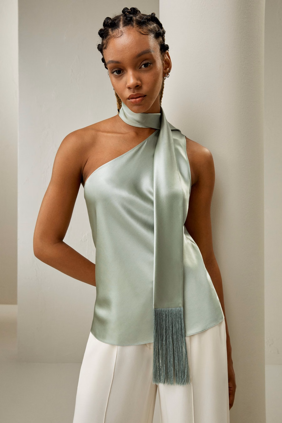 One-shoulder Top With Tassel Scarf