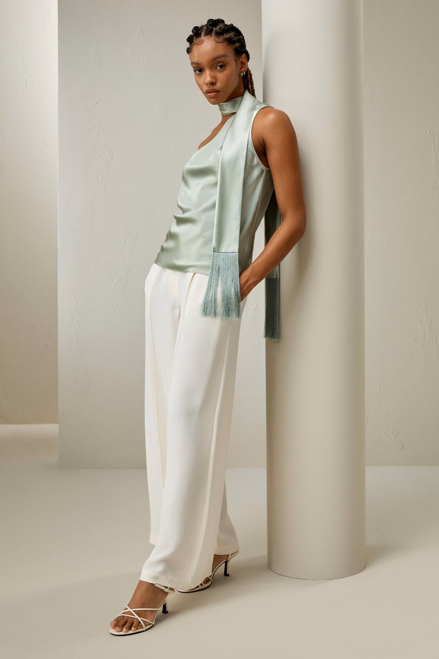 One-shoulder Top With Tassel Scarf